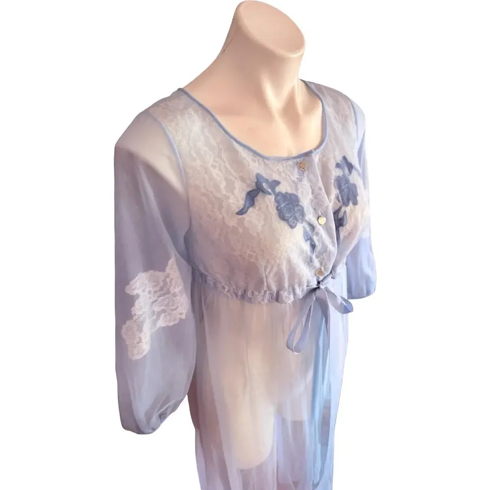 Movie Star Vintage 1970s Sheer Peignoir Robe Baby Blue Lace Floral Appliqué Sz S